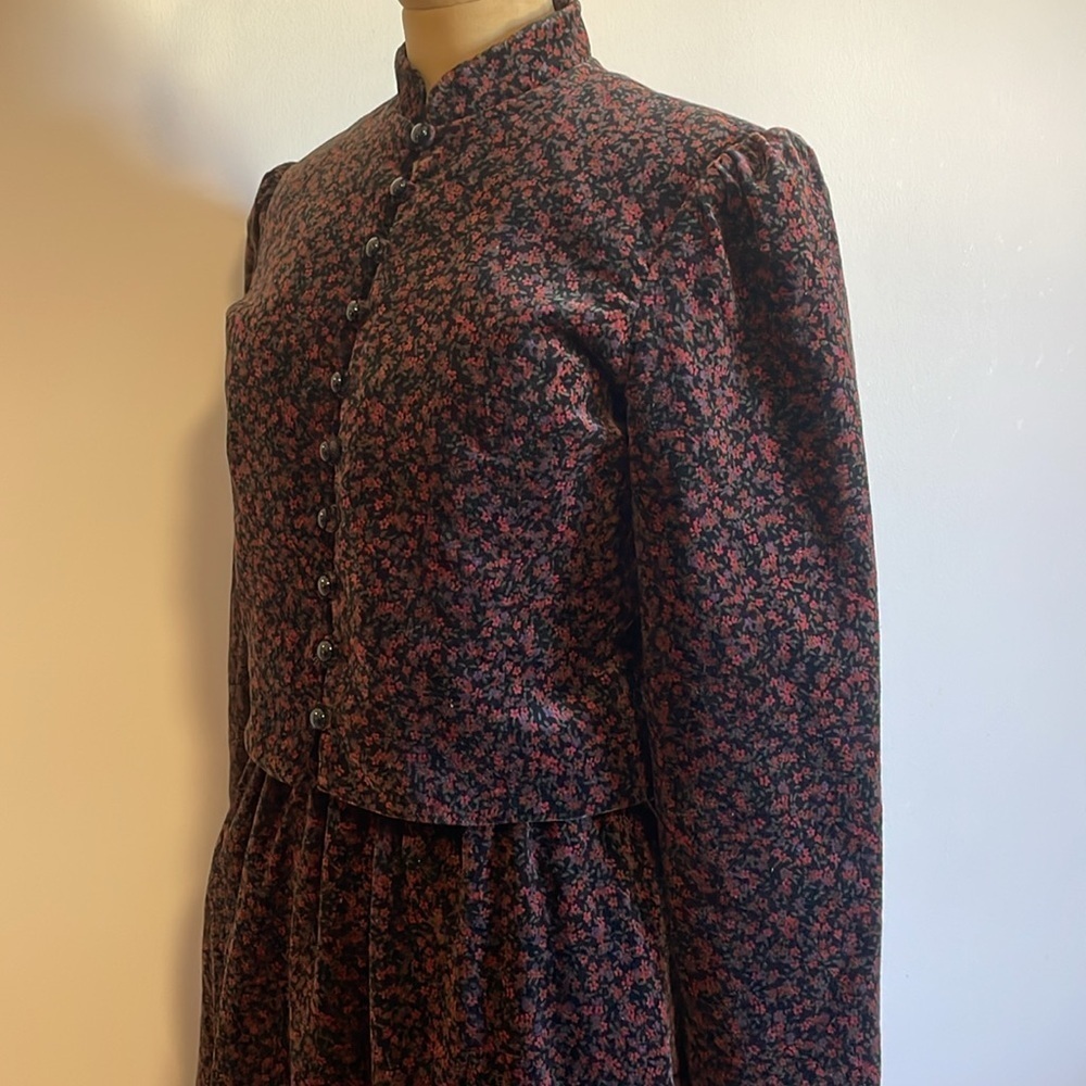 VTG Lanz Velvet Skirt Set Black Micro Floral Jacket Cottage Grandma Feminine - Picture 8 of 16